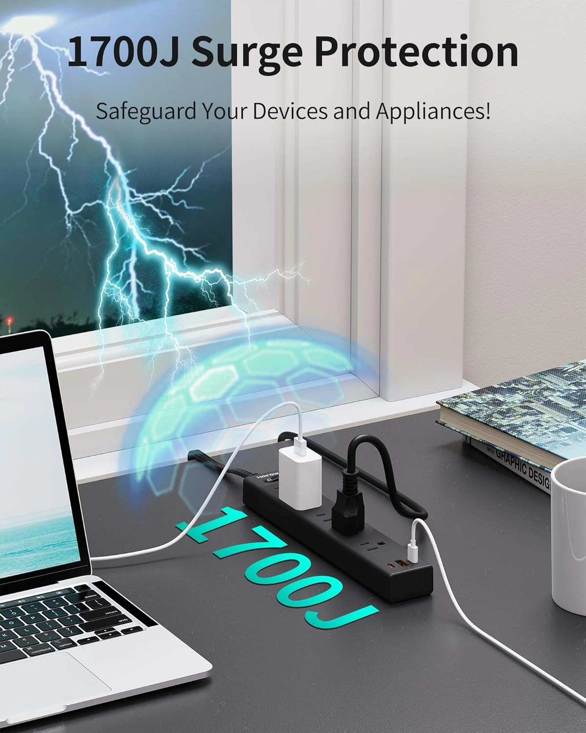 Flat Plug Power Strip, 6 Ft Ultra Thin Extension Cord, Surge Protector with 5 Outlets & 3 USB Ports (2 USB C), 1700 Joules, Wall Mount, Desktop Charging Station for Home Office Dorm, Black