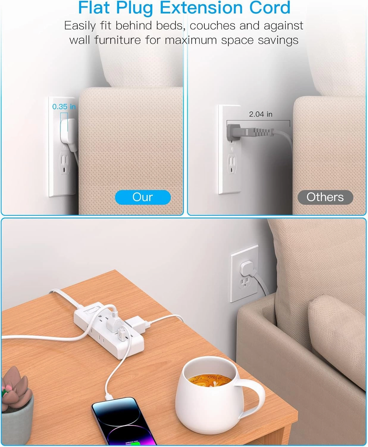 Flat Plug Power Strip, HANYCONY Ultra Thin Extension Cord, 6 Outlets 3 USB Ports(2 USB C), 5ft Multiple Outlet Extender with Wall Mount No Surge Protector for Dorm Room, Cruise, Travel Essentials
