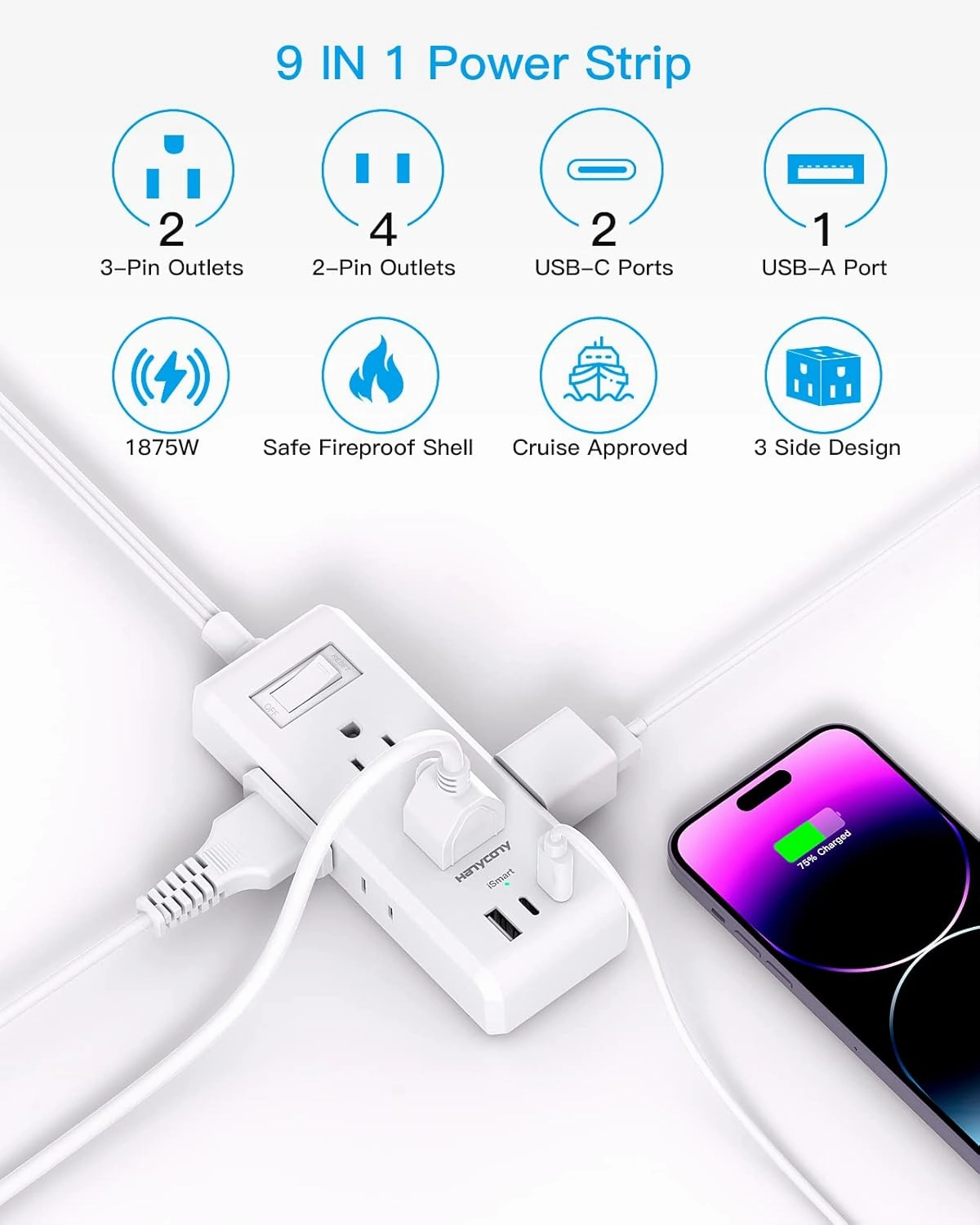 Flat Plug Power Strip, HANYCONY Ultra Thin Extension Cord, 6 Outlets 3 USB Ports(2 USB C), 5ft Multiple Outlet Extender with Wall Mount No Surge Protector for Dorm Room, Cruise, Travel Essentials