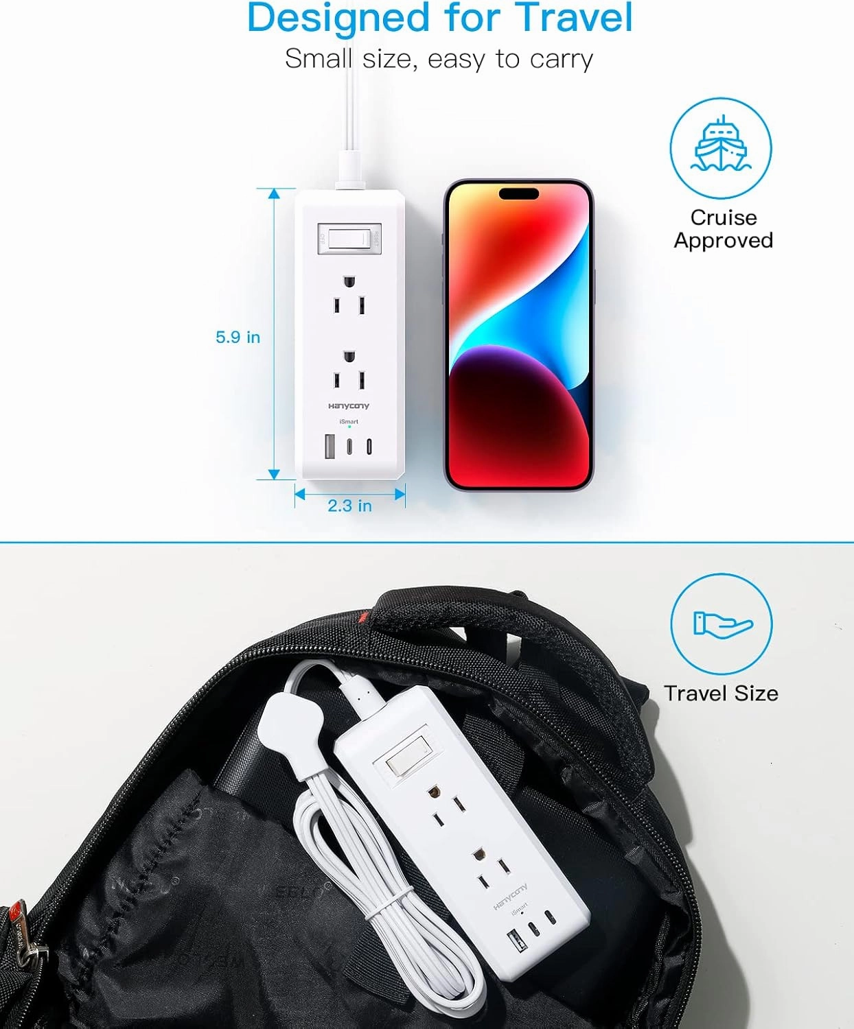 Flat Plug Power Strip, HANYCONY Ultra Thin Extension Cord, 6 Outlets 3 USB Ports(2 USB C), 5ft Multiple Outlet Extender with Wall Mount No Surge Protector for Dorm Room, Cruise, Travel Essentials