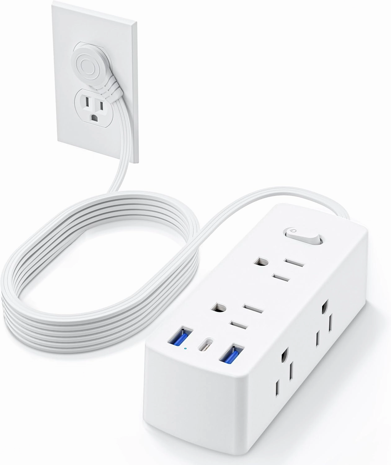 Flat Plug Power Strip, Olcorife Flat Extension Cord 5ft, 6 Outlets 3 USB Ports(1 USB C), 3-Side Outlet Extender Surge Protector for Home Office Travel Dorm Room Essentials, White power cord,hi-fi power cable,AC power lead,
