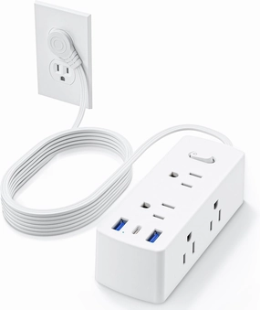 Flat Plug Power Strip, Olcorife Flat Extension Cord 5ft, 6 Outlets 3 USB Ports(1 USB C), 3-Side Outlet Extender Surge Protector for Home Office Travel Dorm Room Essentials, White power cord,hi-fi power cable,AC power lead,