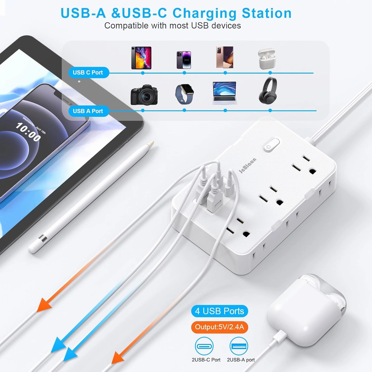 Flat Plug Power Strip Surge Protector, 5ft Ultra Thin Extension Cord with 4 USB Wall Charger(2 USB C Port), 6 Widely-Spaced Outlets Power Strip Compact for Travel, Office, Dorm Room Essentials (White)