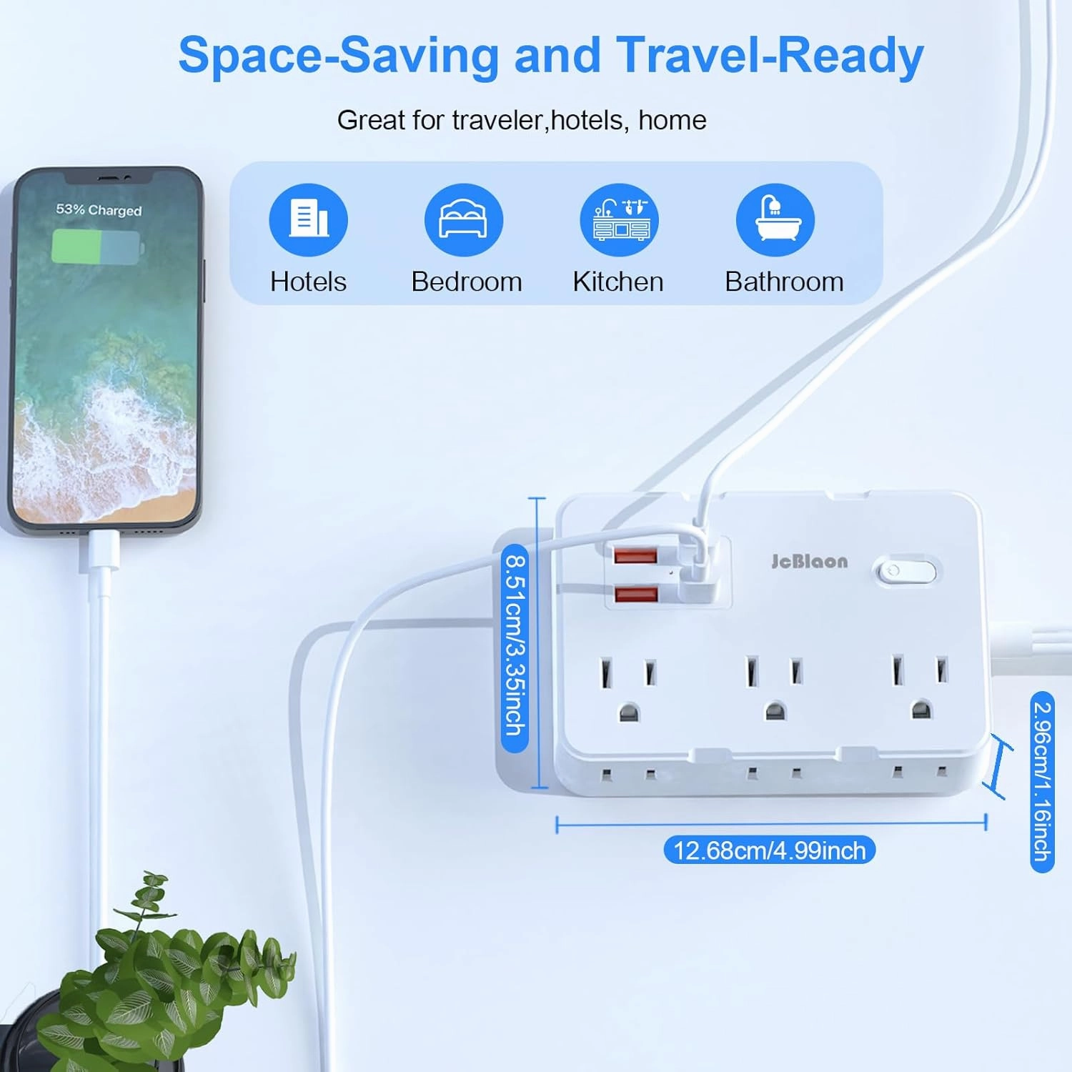 Flat Plug Power Strip Surge Protector, 5ft Ultra Thin Extension Cord with 4 USB Wall Charger(2 USB C Port), 6 Widely-Spaced Outlets Power Strip Compact for Travel, Office, Dorm Room Essentials (White)