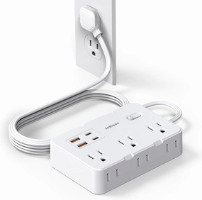 Flat Plug Power Strip Surge Protector, 5ft Ultra Thin Extension Cord with 4 USB Wall Charger(2 USB C Port), 6 Widely-Spaced Outlets Power Strip Compact for Travel, Office, Dorm Room Essentials (White) power cord,hi-fi power cable,AC power lead,