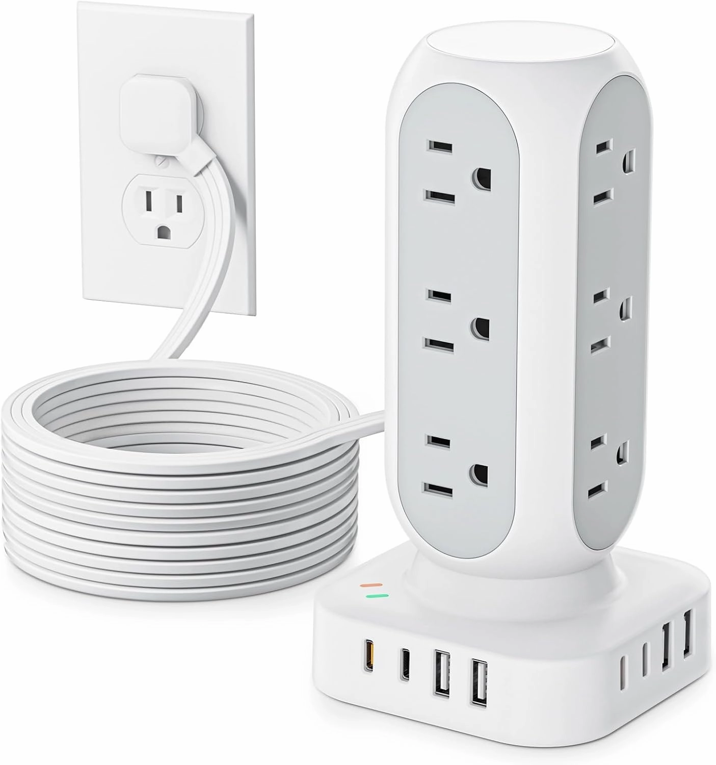 Flat Plug Power Strip Tower 10FT, 40W Total Fast Charging Station, Dual PD 20W USB-C Surge Protector with 12 AC Outlets and 8 USB Ports (4 USB C), Long Extension Cord for Home Office Dorm Room power cord,hi-fi power cable,AC power lead,