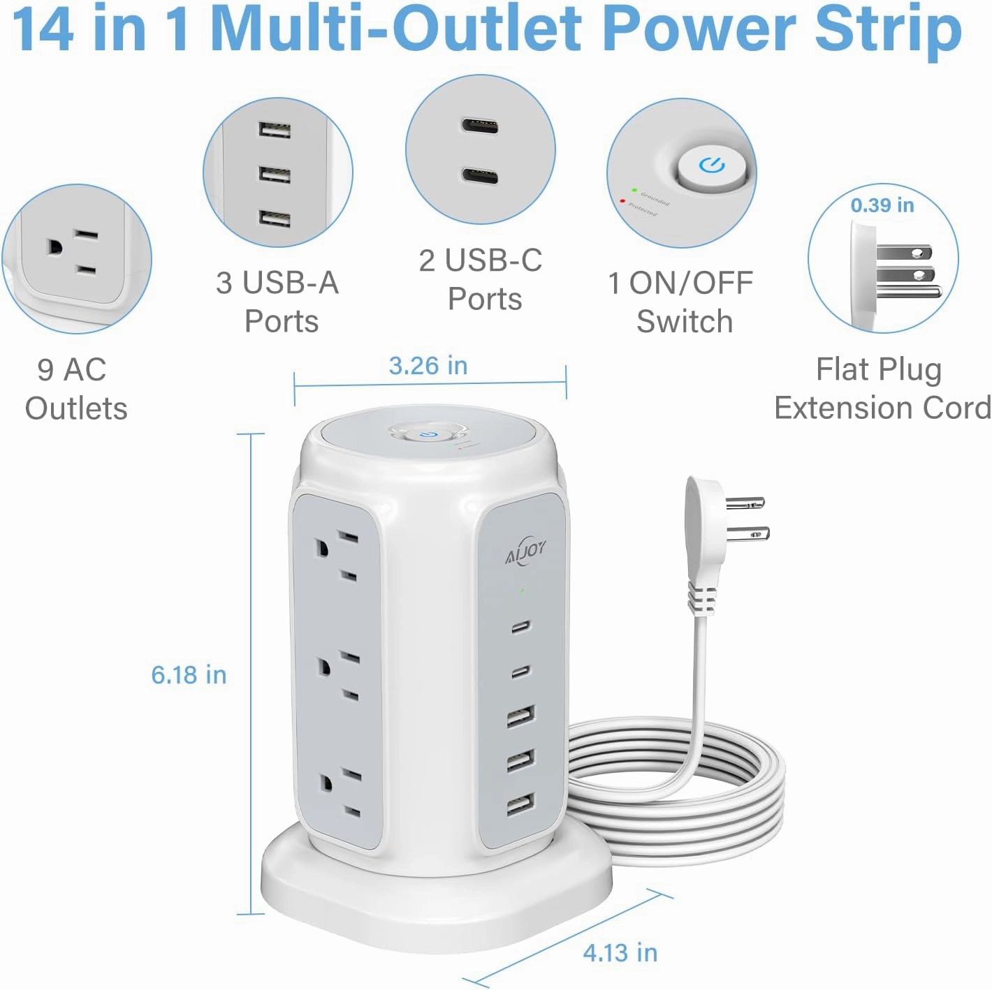 Flat Plug Power Strip Tower with 9 Outlets and 5 USB Ports (2 USB C), AiJoy 1200J Surge Protector Tower with 6.5 Feet 1625W/13A Extension Cord with Multiple Outlets for Home Office Dorm