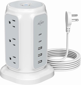 Flat Plug Power Strip Tower with 9 Outlets and 5 USB Ports (2 USB C), AiJoy 1200J Surge Protector Tower with 6.5 Feet 1625W/13A Extension Cord with Multiple Outlets for Home Office Dorm power cord,hi-fi power cable,AC power lead,
