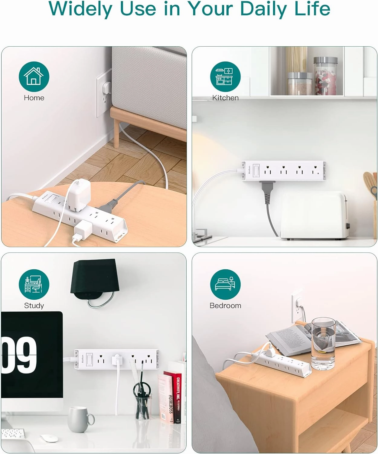 Flat Plug Power Strip, Ultra Thin Flat Extension Cord - Addtam 12 Widely AC 3 Sides Multiple Outlets, 5Ft, 1050J Surge Protector, Wall Mount, Desk Charging Station for Home Office Dorm Room Essentials