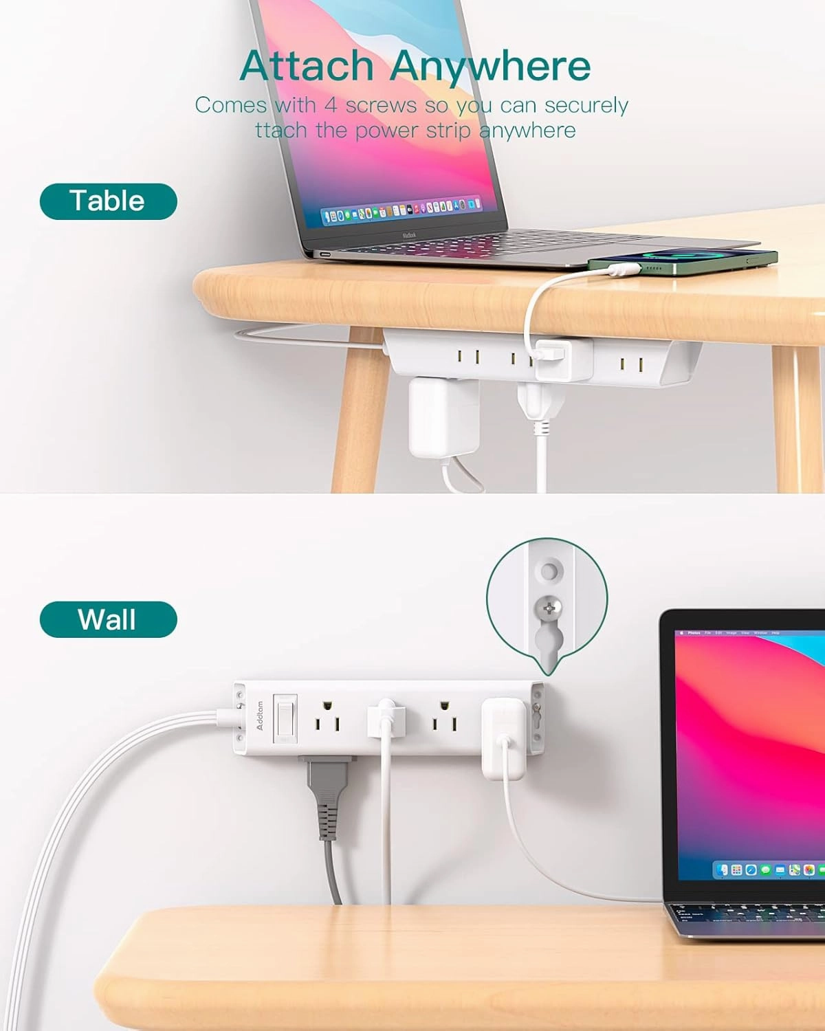 Flat Plug Power Strip, Ultra Thin Flat Extension Cord - Addtam 12 Widely AC 3 Sides Multiple Outlets, 5Ft, 1050J Surge Protector, Wall Mount, Desk Charging Station for Home Office Dorm Room Essentials