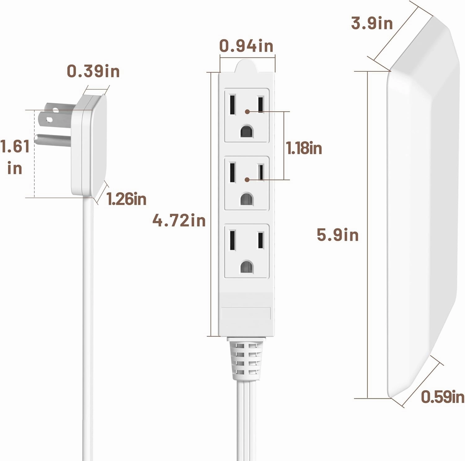 Flat Plug Power Strip Wall Outlet, 3 AC Outlets, Ultra Thin Extension Cord, Multi Socket Extender for Home Office, Dorm Room Essentials for Girls and Boys (White 5ft)
