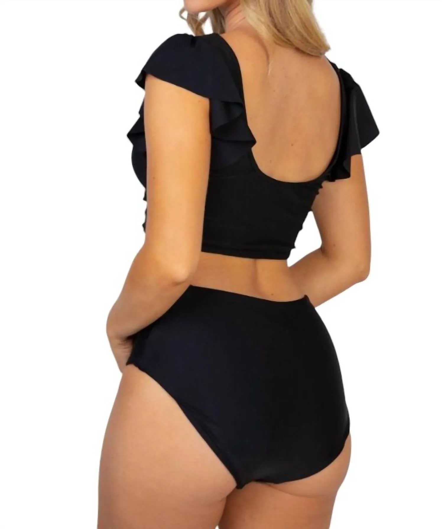 Flounce Shoulder Two Piece Swimsuit In Black