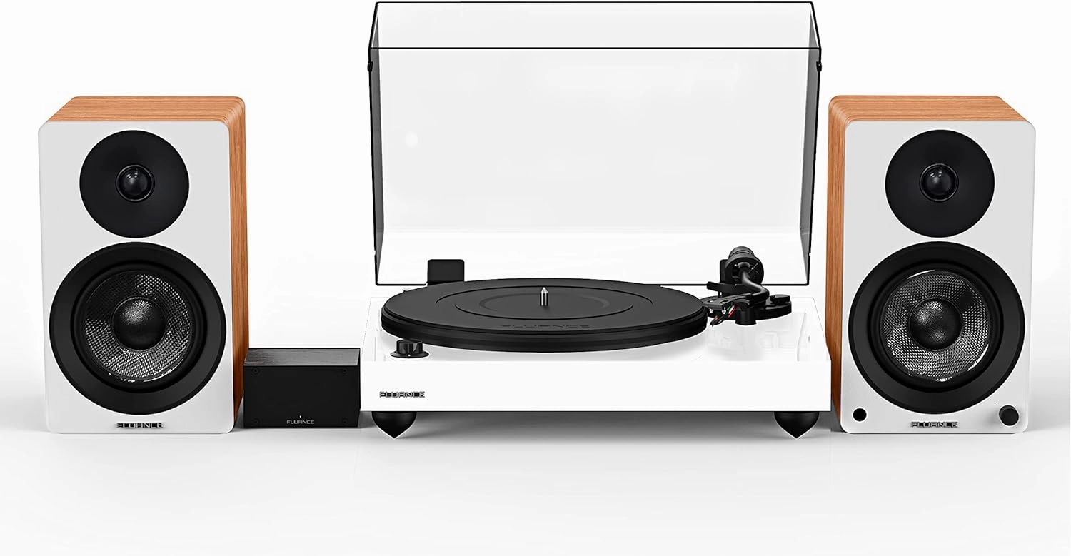 Fluance Reference RT82 High Fidelity Vinyl Turntable (White), PA10 Phono Preamp, Ai41 Powered 5" Bookshelf Speakers (Lucky Bamboo), Ortofon OM10 Cartridge, 90W Class D Amplifier, Bluetooth phono preamp,turntable amplifier,record player preamp,