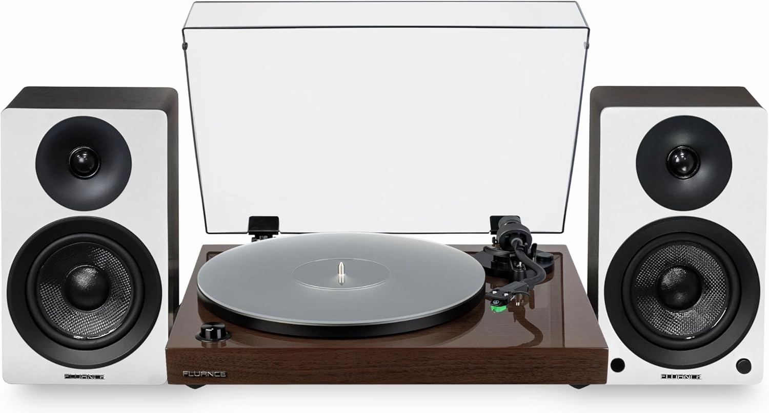 Fluance RT81  Elite HiFi Vinyl Turntable (Walnut) and Ai41 Powered Bookshelf Speakers (White Walnut) Bundle: High Fidelity Sound, Integrated Amplifier, Audio Technica Cartridge integrated amplifier,stereo receiver,hi-fi amp combo,