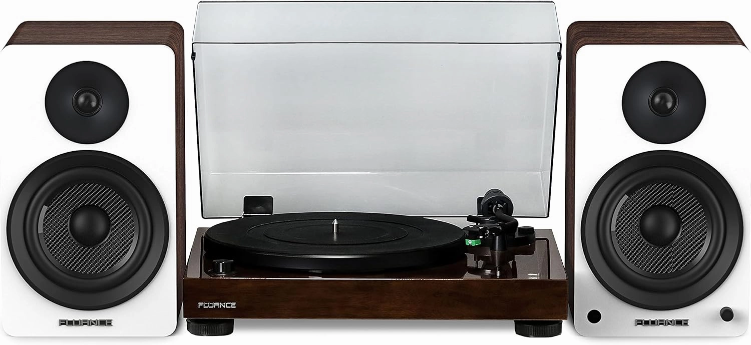 Fluance RT81 Elite High Fidelity Vinyl Turntable (Walnut) with Ai61 Powered 6.5" Stereo Bookshelf Speakers (White Walnut), Diamond Stylus, Belt Drive, Built-in Preamp, 90W Class D Amplifier, Bluetooth direct-drive turntable,DJ turntable,hi-torque viny