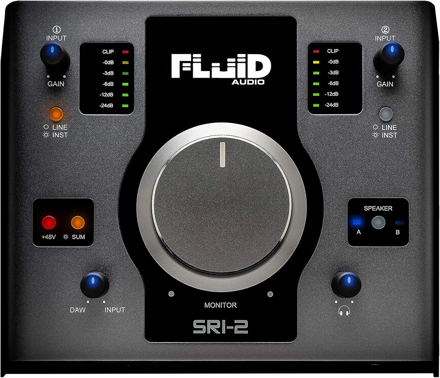 Fluid Audio SRI-2 : 2x2 USB desktop wedge w/24-bit/192kHz   48v Phantom Power   2X stereo monitor outputs   2X Class A mic pres   Giant volume knob audio interface,USB interface,music recording input,