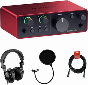 Focusrite Scarlett Solo USB-C Audio Interface (4th Gen) Bundle with Polsen HPC-A30 Studio Monitor Headphones, Pop Filter and XLR- XLR Cable audio interface,USB interface,music recording input,