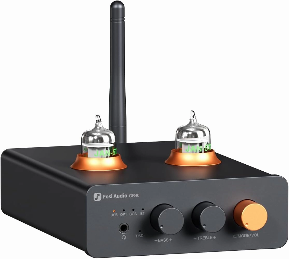 Fosi Audio GR40 Tube Preamplifier with DAC, Stereo Headphone Amplifier 3.5mm Home Audio for Active Speakers/Headphones, Digital to Analog Audio Converter Preamp with Bluetooth and USB/Opt/Coax phono preamp,turntable amplifier,record player preamp,