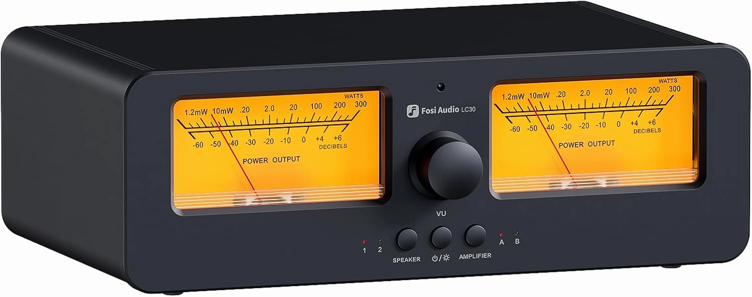 Fosi Audio LC30 VU Meter Amplifier Speaker Selector Switch Box Audio Visualizer 2 in 2 Out Vintage Switcher for High Power Stereo Class A, B, AB, D, Tube Amps Home Audio Component with Remote Control tube amplifier,valve amp,audiophile tube stereo,