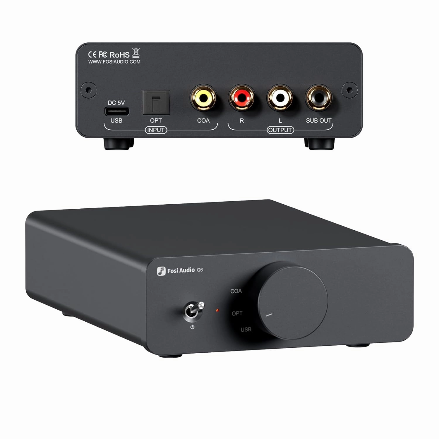 Fosi Audio Q6 Mini Desktop DAC, USB C Digital to Analog Audio Converter for Home Stereo Amplifier and Headphone Amp, Optical/Coaxial Input, RCA Output/Sub-Out, High-Resolution 32bit/768kHz DSD512 DAC,USB audio converter,digital to analog converter,