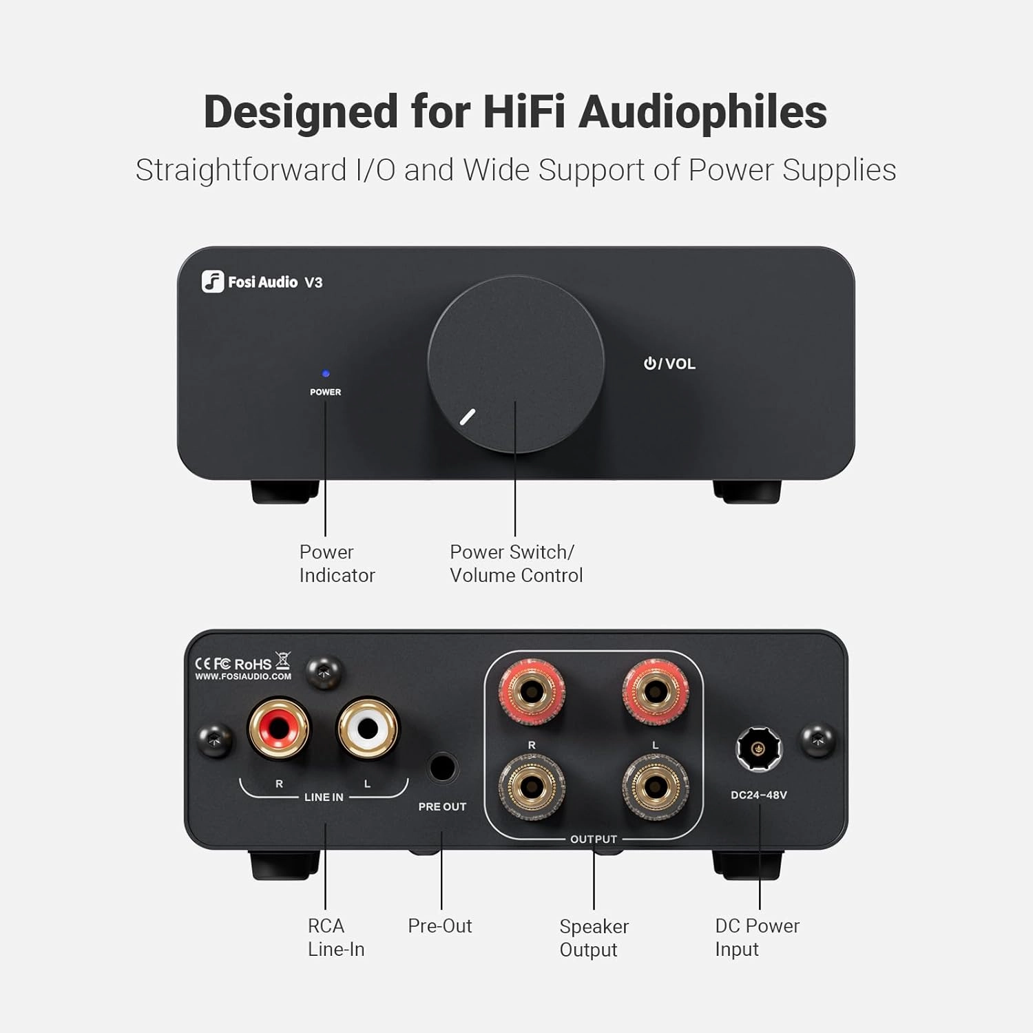 Fosi Audio V3 Stereo Amplifier Home Audio 300 Watts x2 Power TPA3255 Class D Mini Amp 2 Channel Audio Component for Passive Bookshelf Tower Speakers Desktop Home Theater with 32V Power Supply