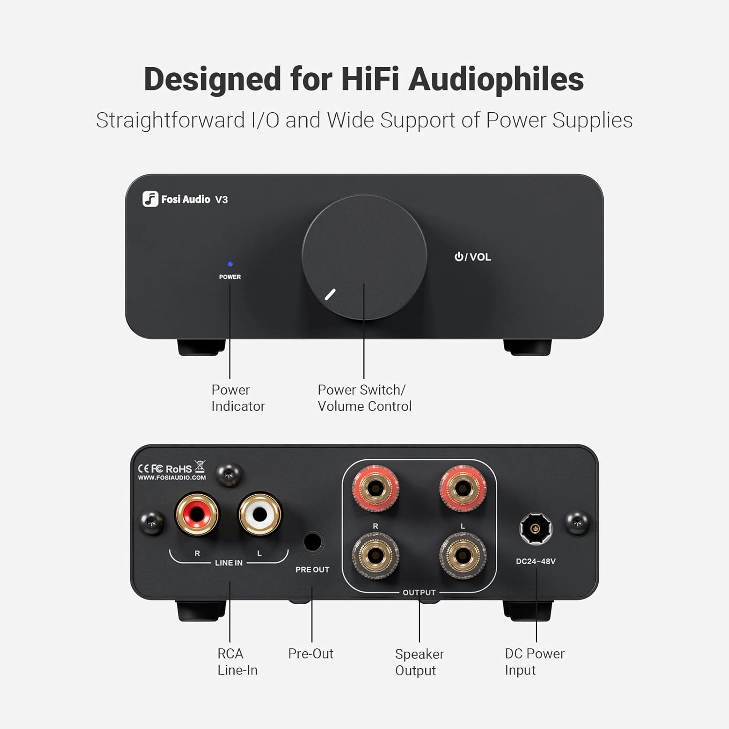 Fosi Audio V3 Stereo Amplifier Home Audio 300 Watts x2 Power TPA3255 Class D Mini Speaker Amp 2 Channel Audio Component for Passive Bookshelf Tower Speakers Desktop Home Theater with 48V Power Supply