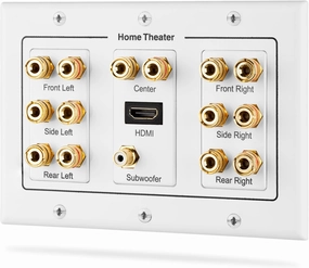 Fosmon HD8006 3-Gang 7.1 Surround Distribution Home Theater Gold Plated Copper Banana Binding Post Coupler Type Wall Plate for 7 Speakers, 1 RCA Jack for Subwoofer & 1 HDMI Port surround sound system,cinema audio kit,5.1 surround package,