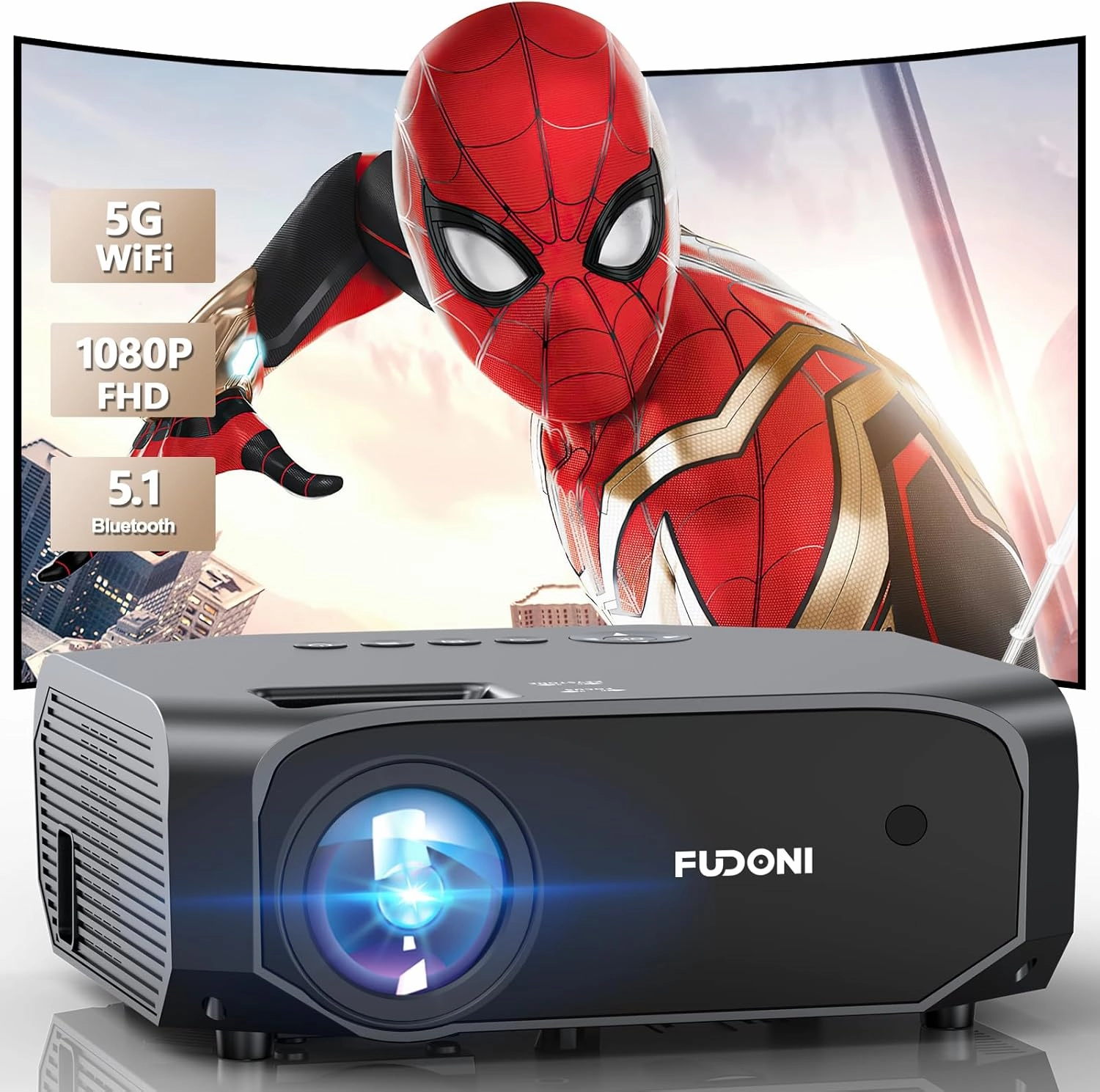 FUDONI Projector, 18000L Projector with 5G WiFi and Bluetooth Native 1080P 4K Support, Outdoor Movie Projector with Screen, Portable Home Theater Projector for iOS/Android/TV Stick (Grey) home cinema system,5.1 home theater,surround sound package,