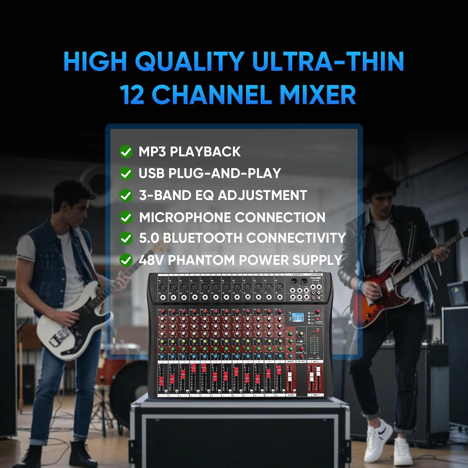 FULODE CT120S 12channel mixer audio,Console with Bluetooth USB, dj mixer,dj equipment for Computer Recording Input, 48V Power, Beginners