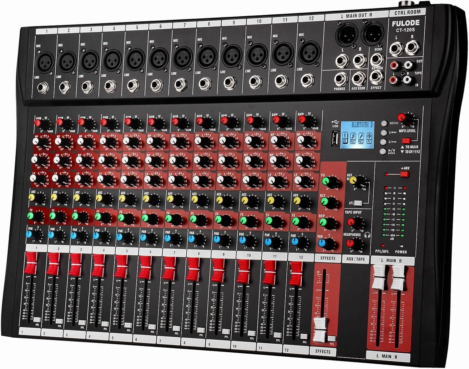 FULODE CT120S 12channel mixer audio,Console with Bluetooth USB, dj mixer,dj equipment for Computer Recording Input, 48V Power, Beginners mixer console,audio mixing desk,DJ console,