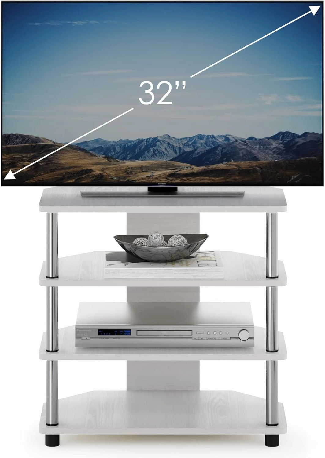 Furinno Econ Easy Assembly 4-Tier Petite Entertainment Center TV Stand for TV up to 25 Inch with Stainless Steel Tubes, White Oak/Chrome