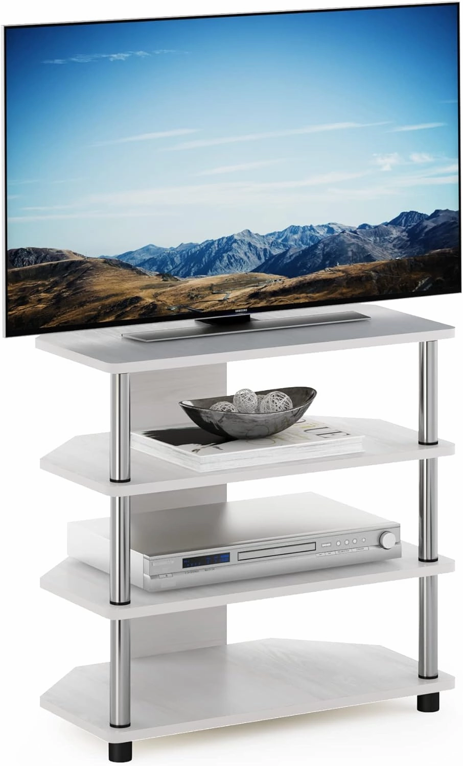 Furinno Econ Easy Assembly 4-Tier Petite Entertainment Center TV Stand for TV up to 25 Inch with Stainless Steel Tubes, White Oak/Chrome
