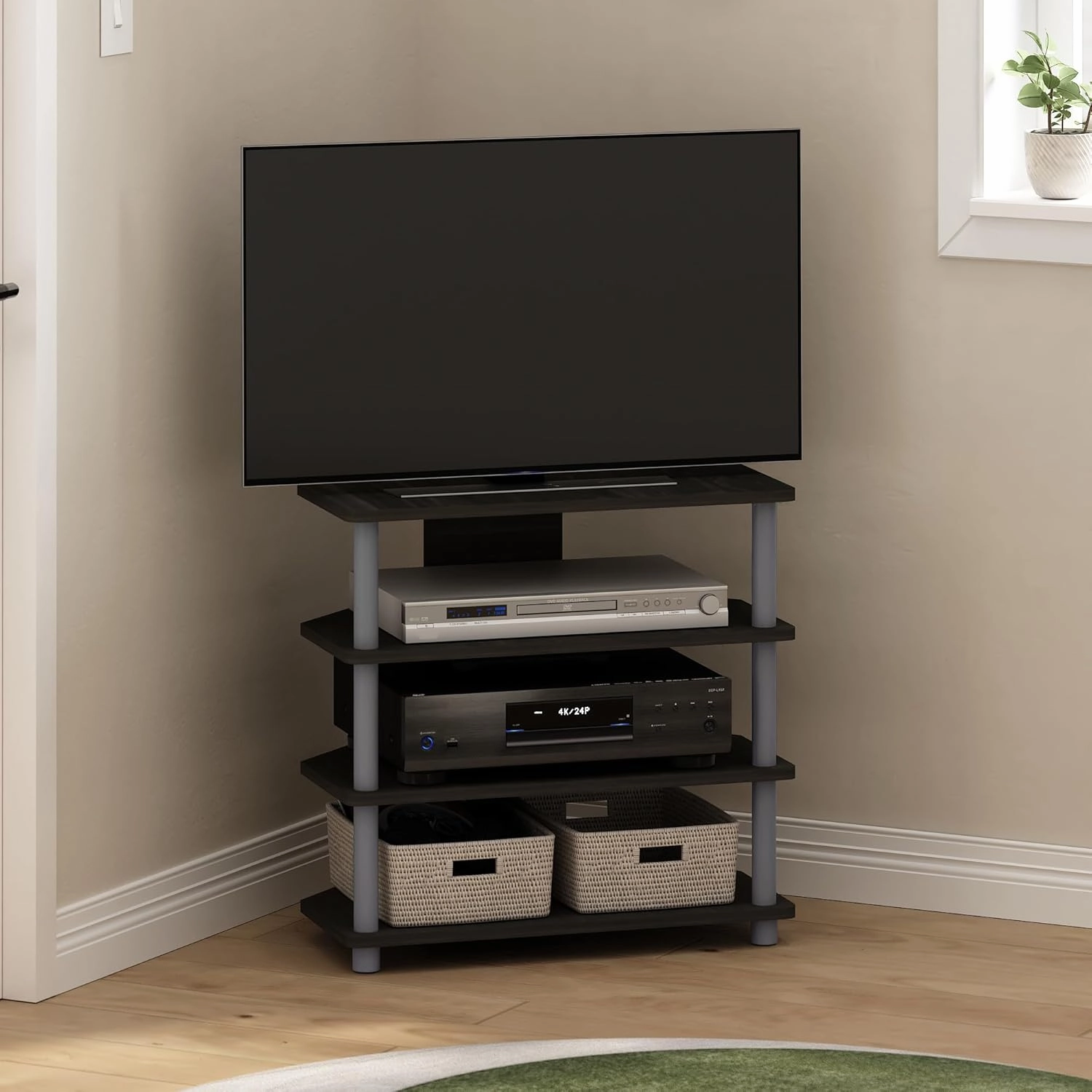 Furinno Turn-N-Tube Easy Assembly 4-Tier Petite Entertainment Center / TV Stand / TV Unit / TV Desk, Espresso/Grey