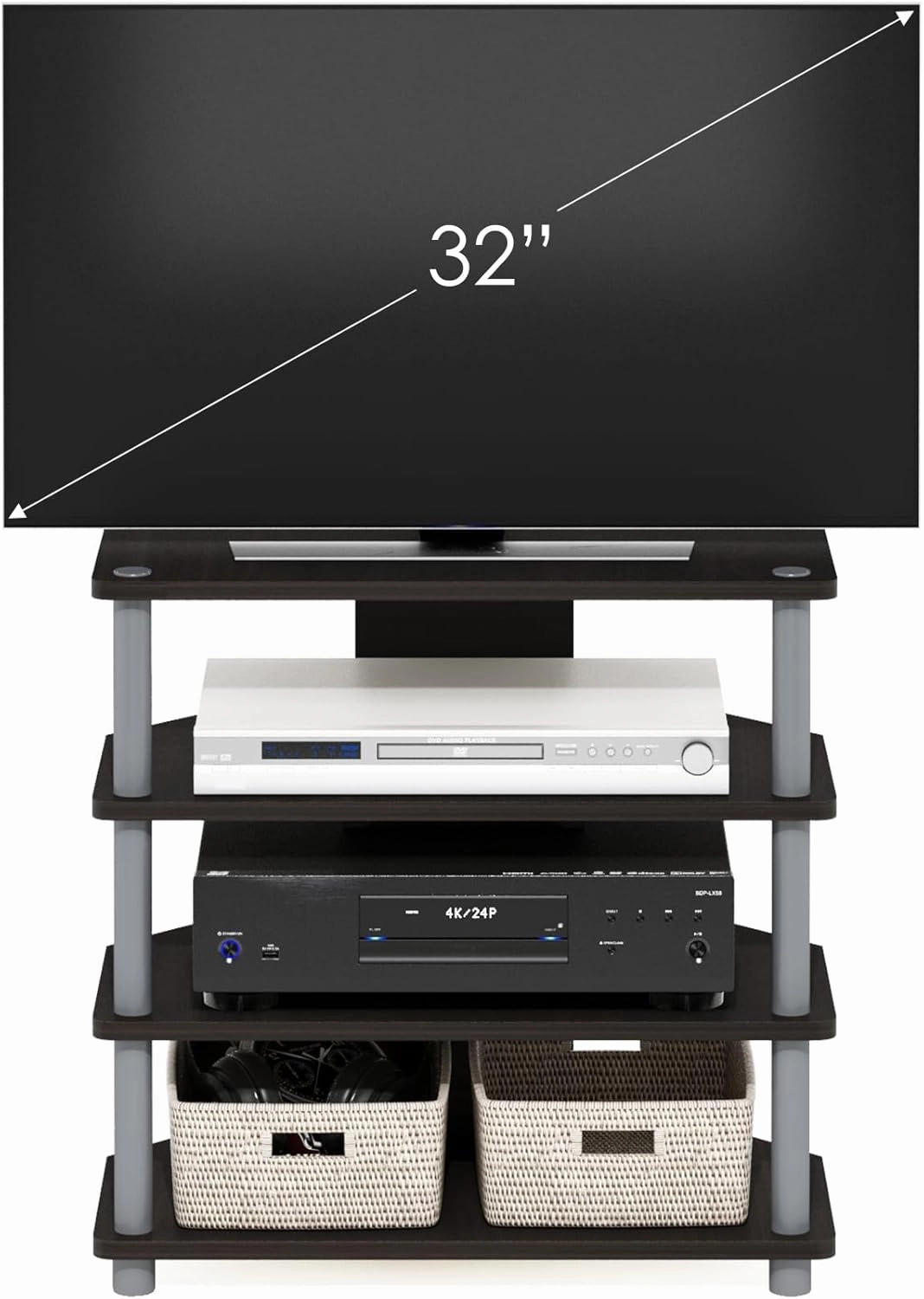Furinno Turn-N-Tube Easy Assembly 4-Tier Petite Entertainment Center / TV Stand / TV Unit / TV Desk, Espresso/Grey