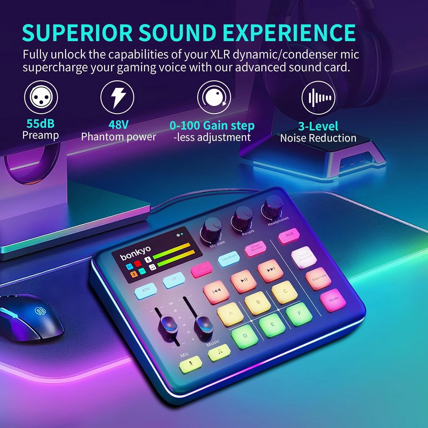 Gaming Audio Mixer & USB Interface with XLR Microphone, Bluetooth 5.0, RGB Effects, 48V Phantom Power, Voice Changer, G1 Sound Card for PS5, TikTok Live Streaming, Podcasting (Black)