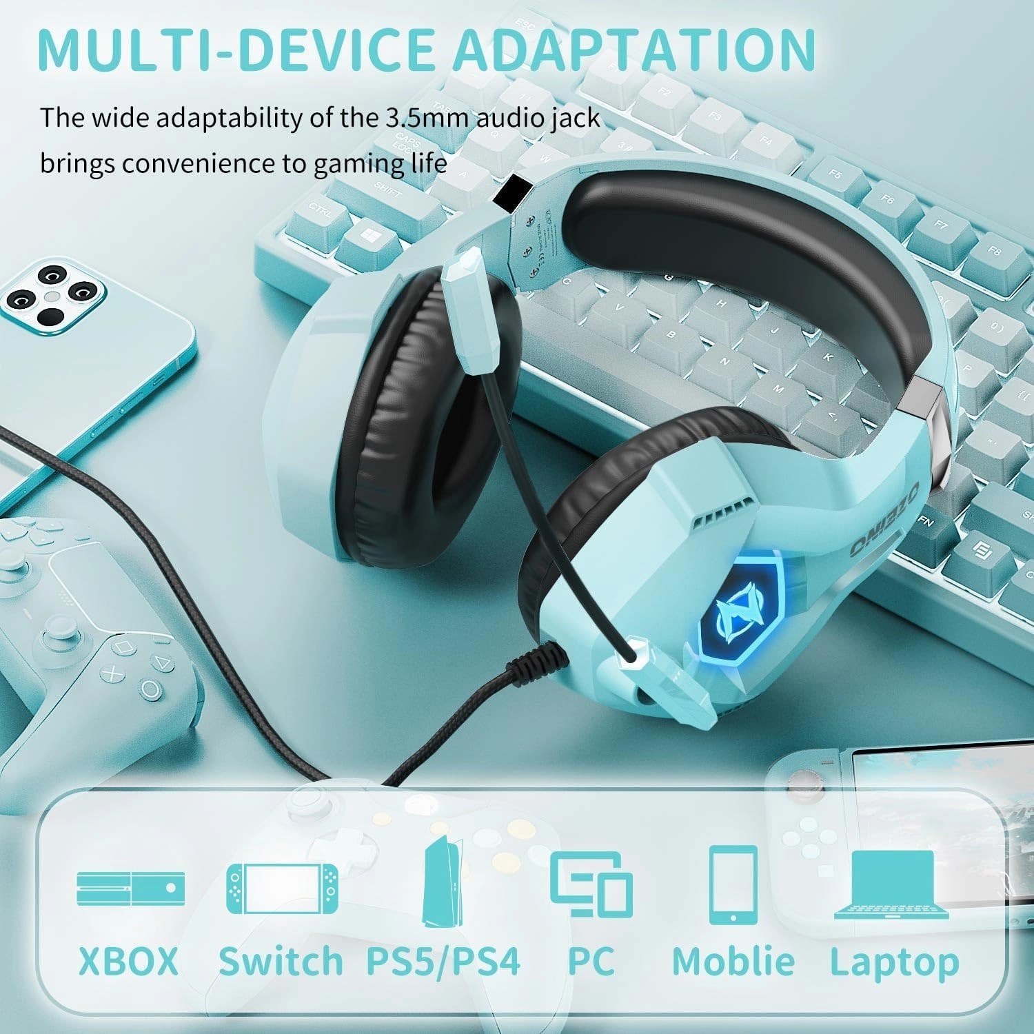 Gaming Headset for PC, Ps4, Ps5, Xbox Headset with 7.1 Surround Sound, Gaming Headphones with Noise Cancelling Mic RGB Light Over Ear Headphones for Xbox Series X/S, Switch-Light Blue