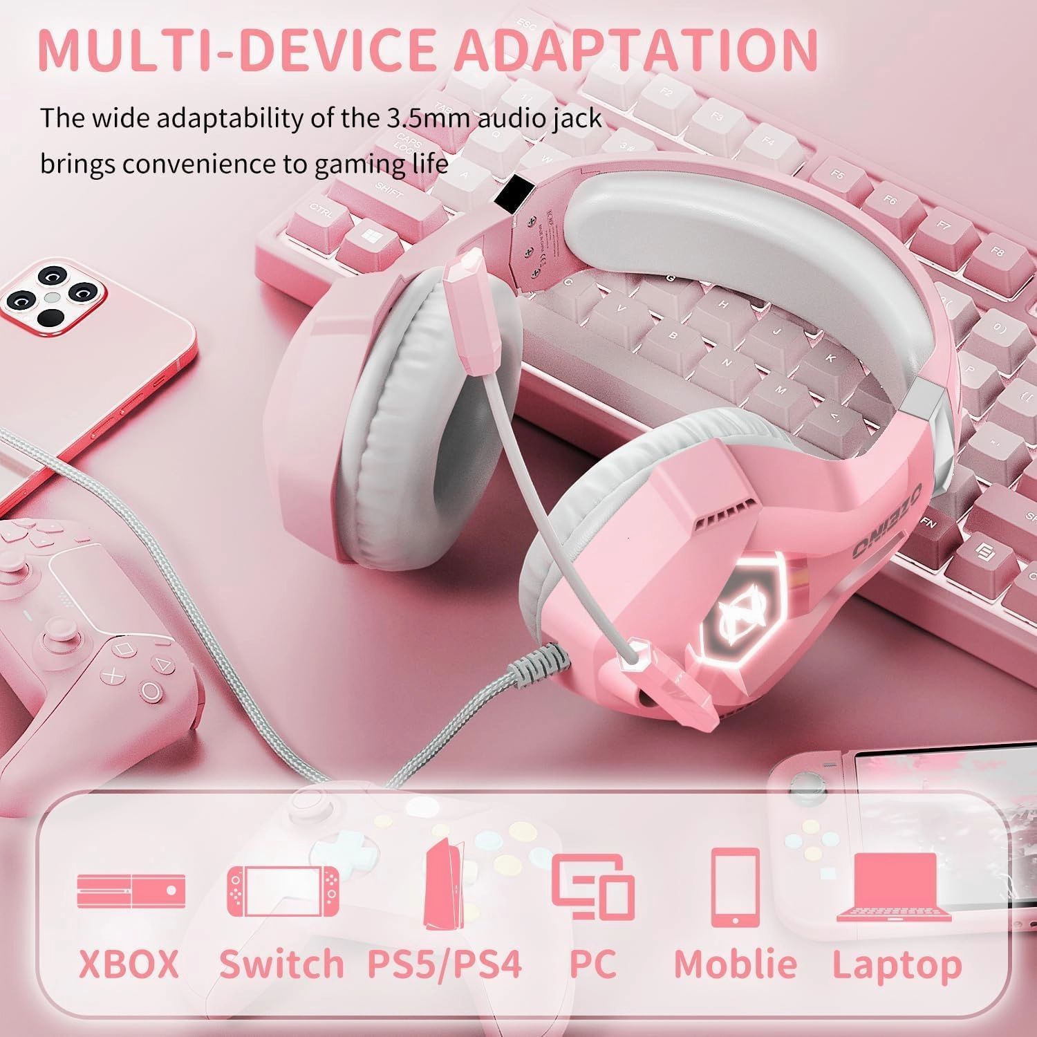 Gaming Headset for PC, Ps4, Ps5, Xbox Headset with 7.1 Surround Sound, Gaming Headphones with Noise Cancelling Mic RGB Light Over Ear Headphones for Xbox Series X/S, Switch-Pink