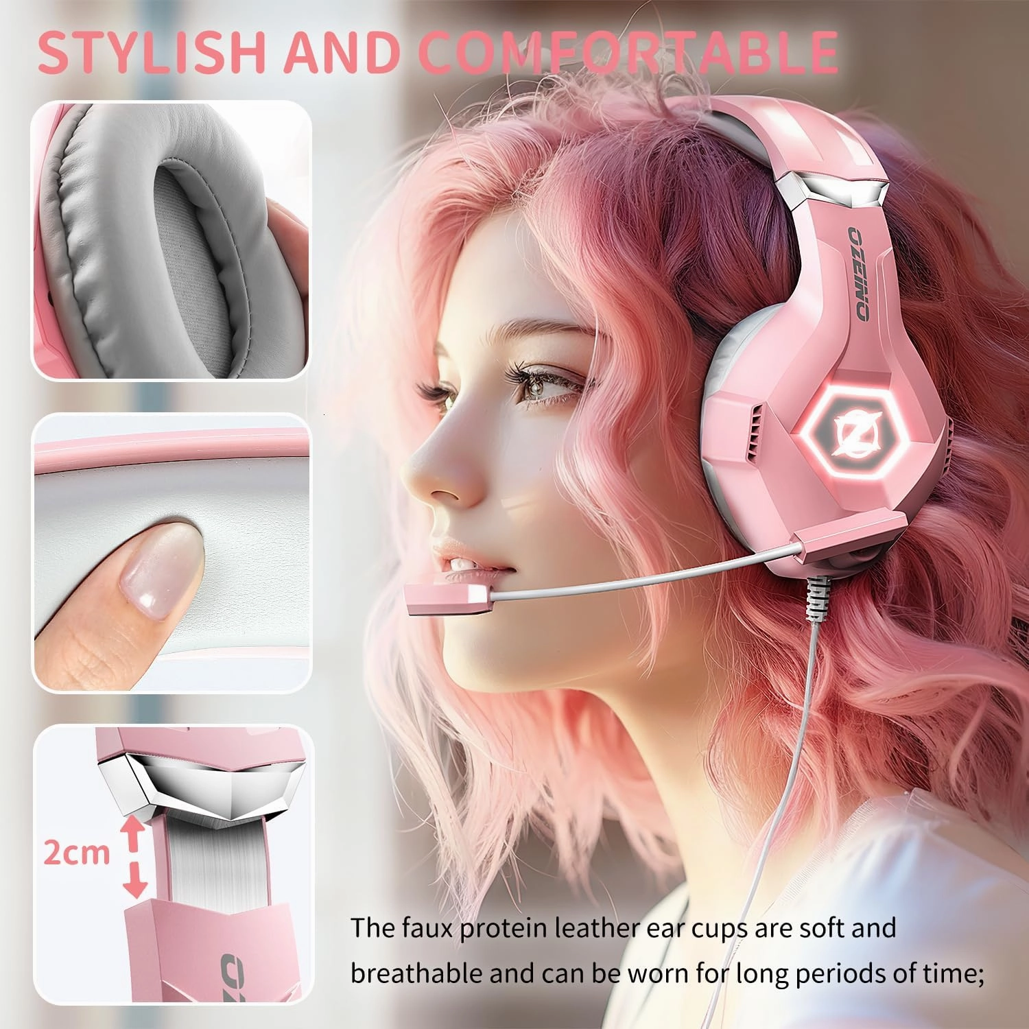 Gaming Headset for PC, Ps4, Ps5, Xbox Headset with 7.1 Surround Sound, Gaming Headphones with Noise Cancelling Mic RGB Light Over Ear Headphones for Xbox Series X/S, Switch-Pink