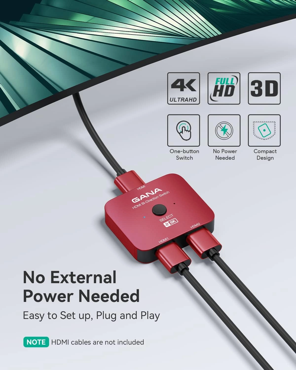 GANA HDMI 2.1 Switch, 8K HDMI Switcher Splitter Bi-Directional 2 in 1 Out, 4K@120Hz,8K@60Hz, 48Gbps Aluminum Ultra HD HDMI Hub Compatible with PS5/4,Xbox,Roku,Apple TV,Fire Stick