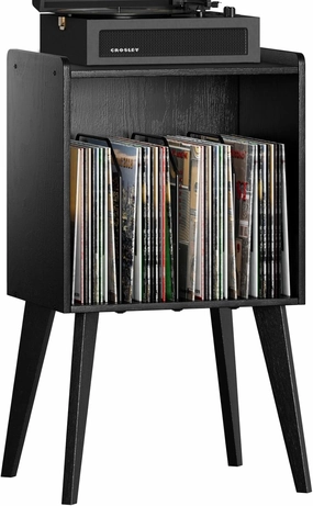 Gannyfer Record Player Stand  Minimalist Vinyl Record Storage Holds Up to 160 Albums, Mid-Century Record Holder Display Shelf with Wood Legs, Turntable Cabinet for Living Room, Bedroom (Black) vinyl storage,record holder,LP organizer,