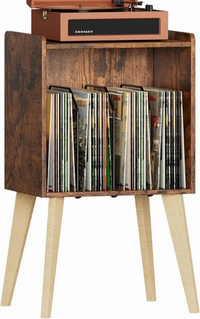Gannyfer Record Player Stand  Minimalist Vinyl Record Storage Holds Up to 160 Albums, Mid-Century Record Holder Display Shelf with Wood Legs, Turntable Cabinet for Living Room, Bedroom (Brown) vinyl storage,record holder,LP organizer,
