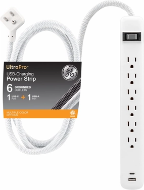 GE 6-Outlet Power Strip with USB, 1 USB-A & 1 USB-C, Outlet Extender, 6 Ft Braided Extension Cord, Flat Plug, Charging Station, White, 82594 power cord,hi-fi power cable,AC power lead,