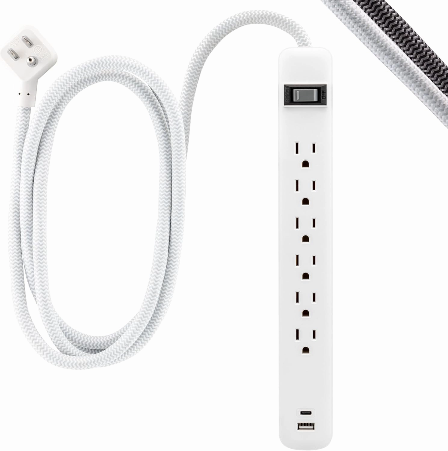 GE 6-Outlet Power Strip with USB, 1 USB-A & 1 USB-C, Outlet Extender, 6 Ft Braided Extension Cord, Flat Plug, Charging Station, White, 82594