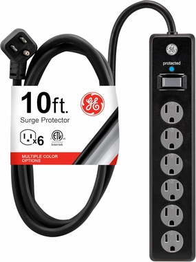 GE 6-Outlet Surge Protector, 10 Ft Extension Cord, Power Strip, 600 Joules, Twist-to-Close Safety Covers, Protected Indicator Light, UL Listed, Black, 37442 power cord,hi-fi power cable,AC power lead,