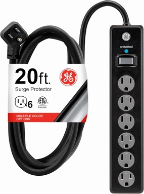 GE 6-Outlet Surge Protector, 20 Ft Extension Cord, Power Strip, 800 Joules, Flat Plug, Twist-to-Close Safety Covers, Protected Indicator Light, UL Listed, Black, 50769 power cord,hi-fi power cable,AC power lead,