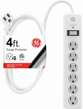 GE 6-Outlet Surge Protector, 4 Ft Extension Cord, Power Strip, 800 Joules, Flat Plug, Twist-to-Close Safety Covers, Protected Indicator Light, ETL Listed, White, 33658 power cord,hi-fi power cable,AC power lead,