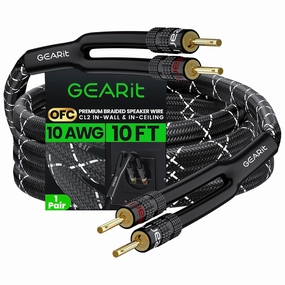 GearIT 10AWG Speaker Cable Wire with Gold-Plated Banana Tip Plugs (10 Feet) in-Wall CL2 Rated, Heavy Duty Braided, 99.9% Oxygen-Free Copper (OFC) - Black speaker cable,audio wire,hi-fi speaker cord,