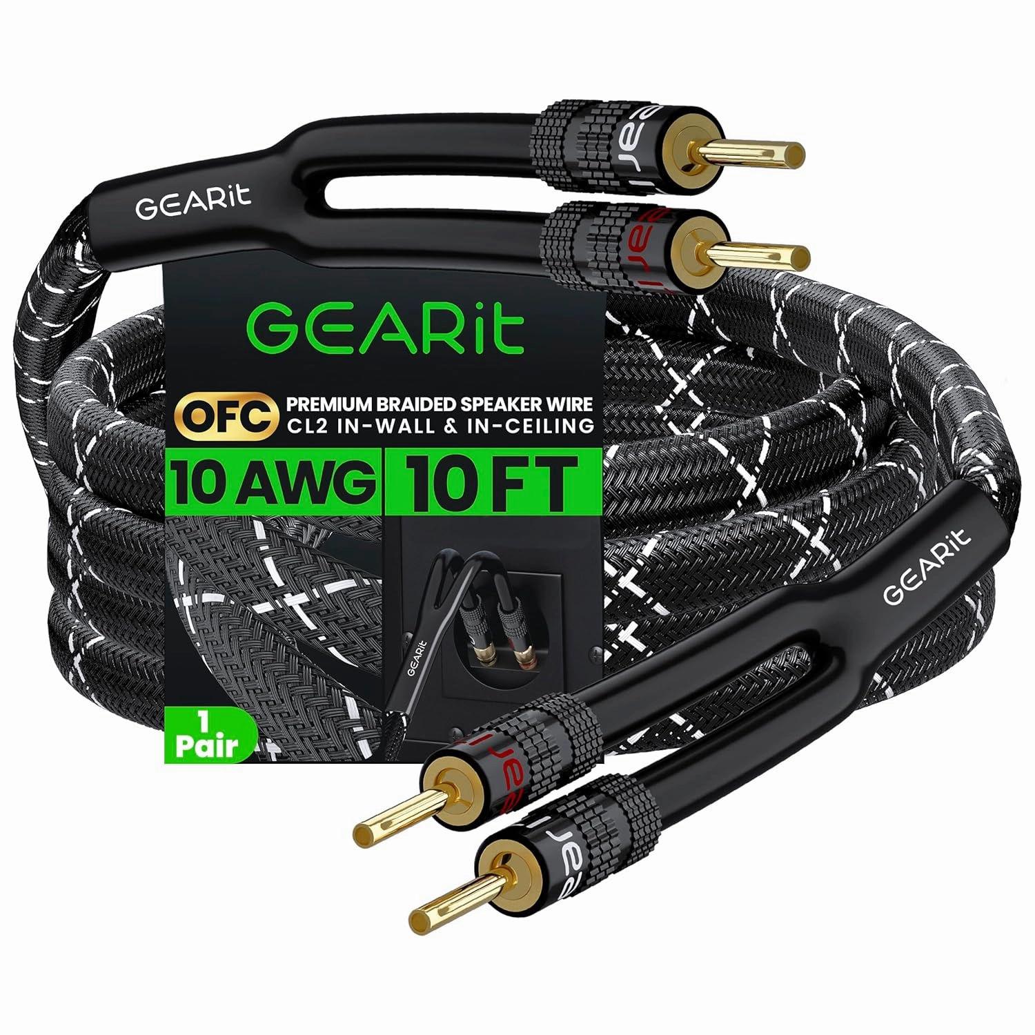 GearIT 10AWG Speaker Cable Wire with Gold-Plated Banana Tip Plugs (10 Feet) in-Wall CL2 Rated, Heavy Duty Braided, 99.9% Oxygen-Free Copper (OFC) - Black speaker cable,audio wire,hi-fi speaker cord,