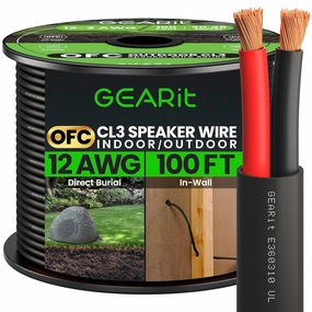 GearIT 12/2 Speaker Wire (100 Feet) 12AWG Gauge - Outdoor Direct Burial in Ground/in Wall / CL3 CL2 Rated / 2 Conductors - OFC Oxygen-Free Copper, Black 100ft speaker cable,audio wire,hi-fi speaker cord,