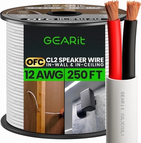 GearIT 12/2 Speaker Wire (250 Feet) 12AWG Gauge - in Wall Audio Speaker Wire Cable / CL2 Rated / 2 Conductors - OFC Oxygen-Free Copper, White 250ft speaker cable,audio wire,hi-fi speaker cord,